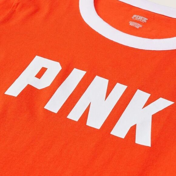 Victorias Secret Pink Campus Ringer Oversized Short Sleeve Logo Tee Shirt Tomato - Picture 4 of 9